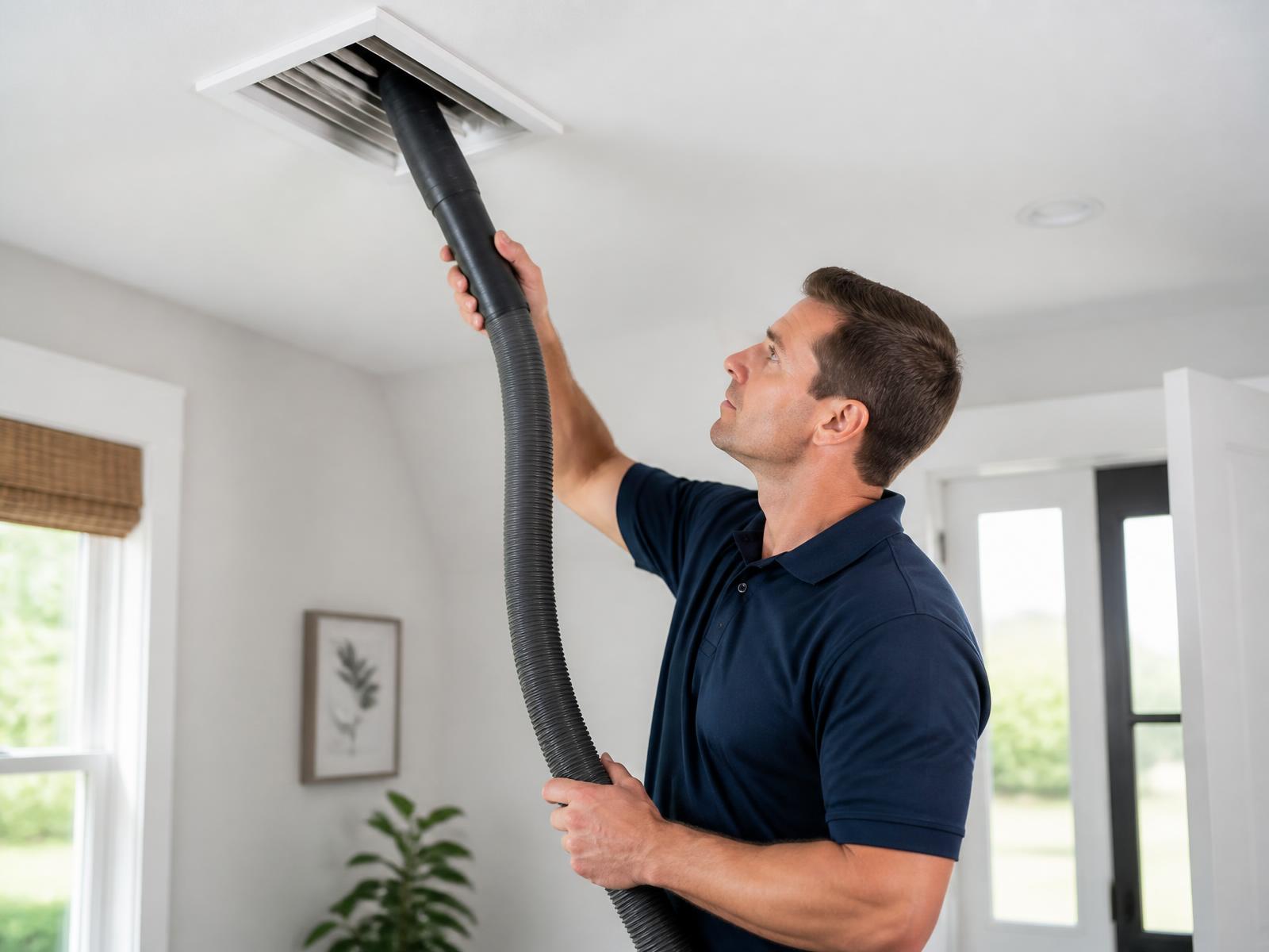Technician cleaning a residential ceiling air duct register with a vacuum hose in a Raleigh home